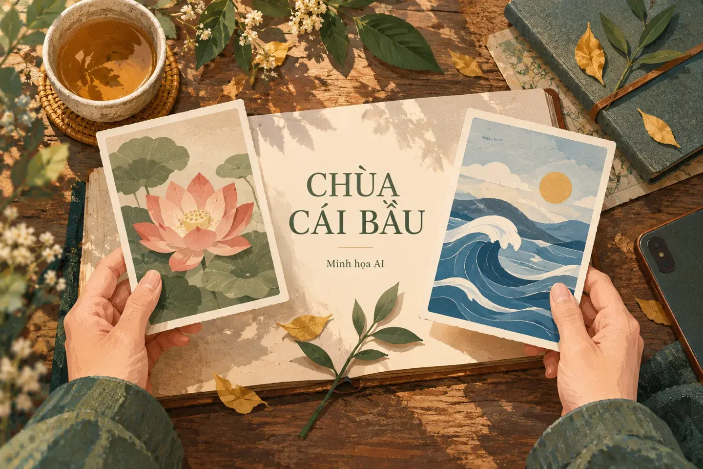Minh họa AI sổ tay chùa Cái Bầu với biểu tượng sen và sóng; không phải ảnh thực địa