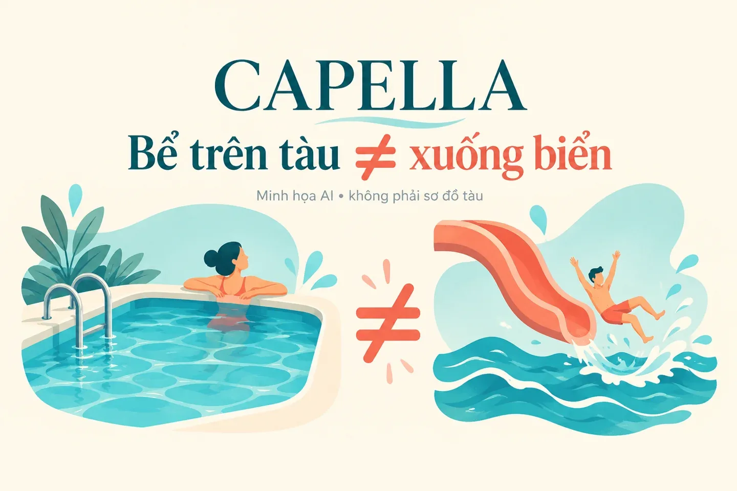 Minh họa AI phân biệt bể trên tàu và cầu trượt xuống biển; không phải sơ đồ Capella