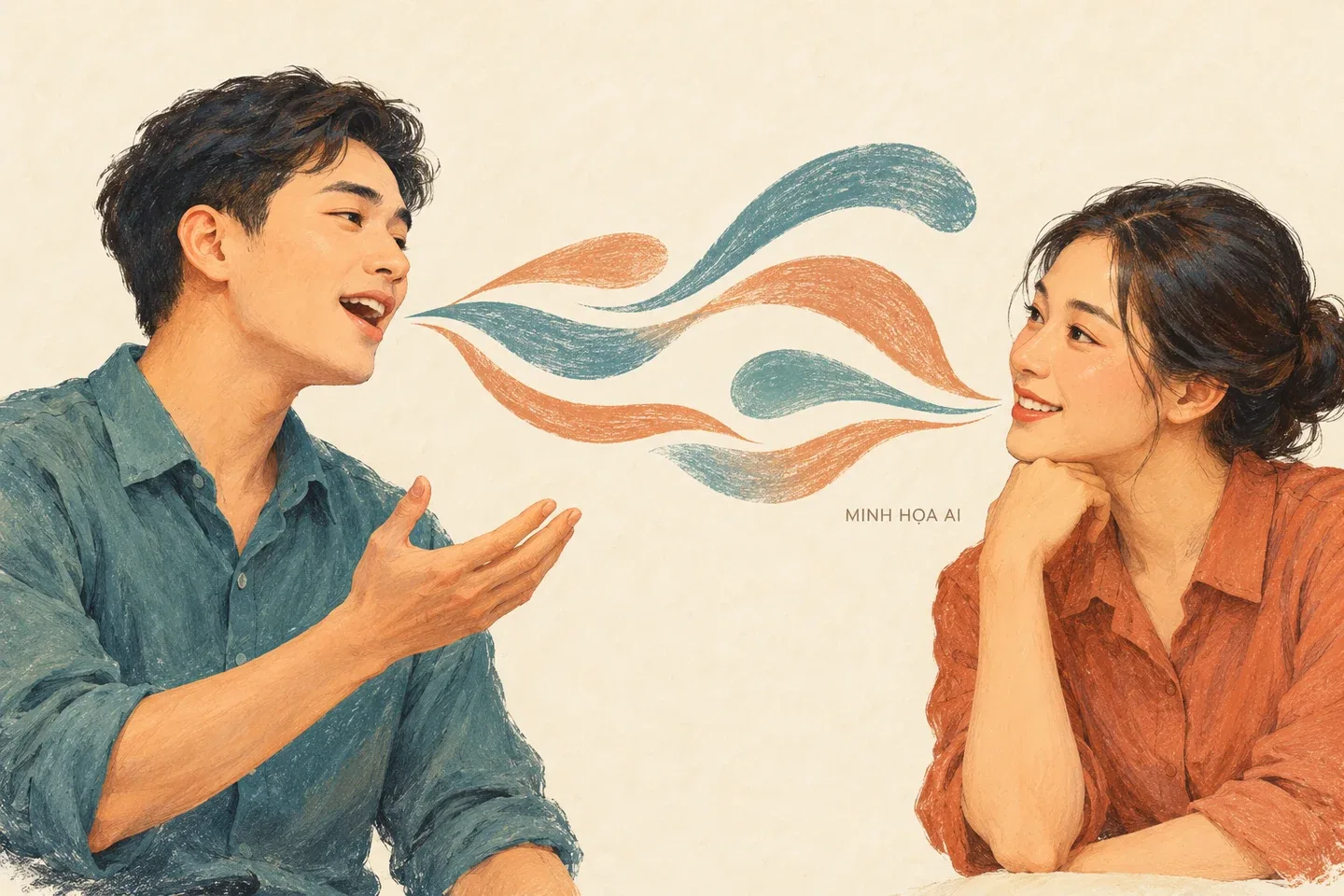 Minh họa AI hai nhân vật hư cấu trao đổi bằng lời hát; không phải ảnh biểu diễn Soọng cô thực tế