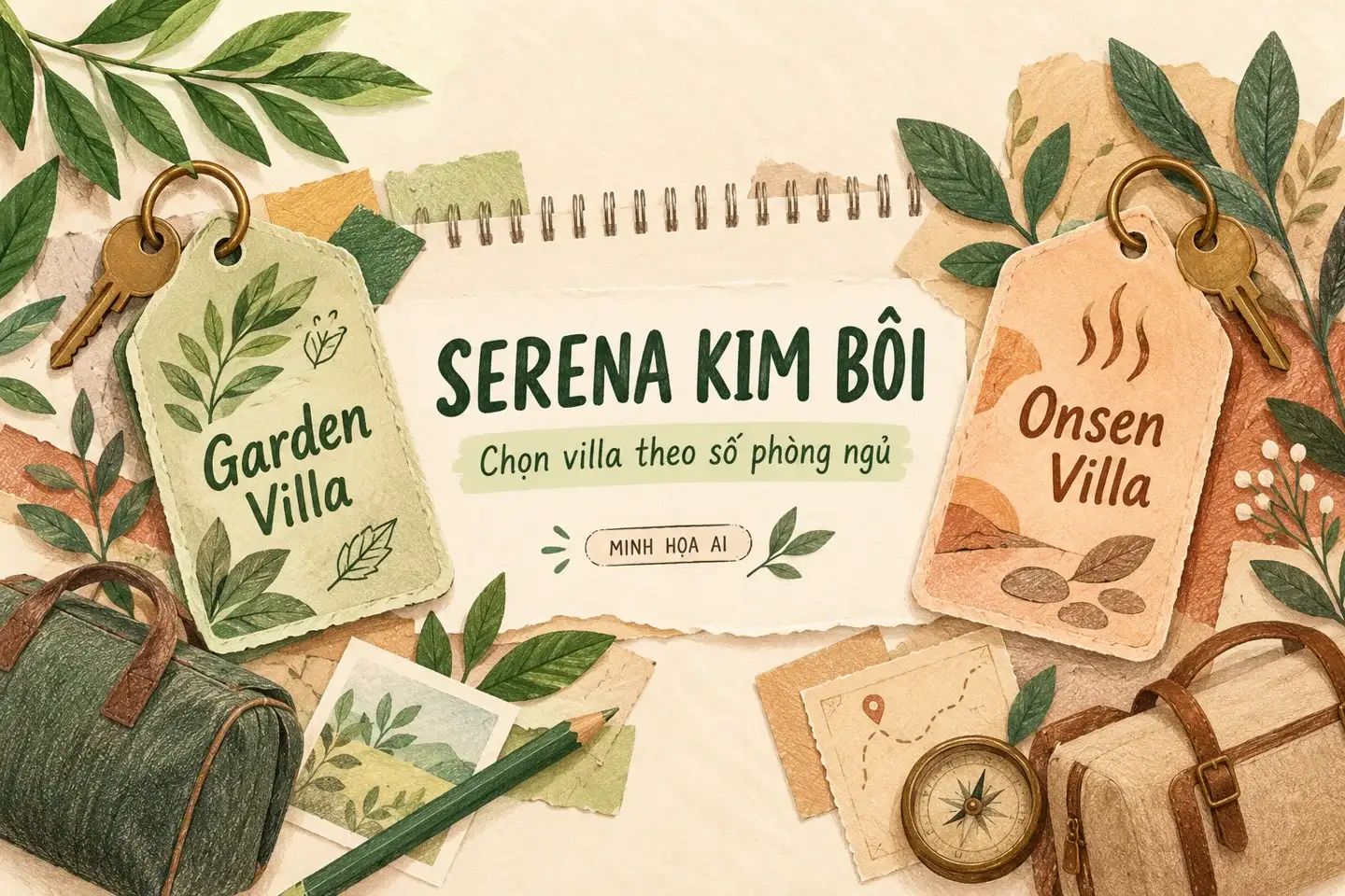 Minh họa AI: hai thẻ Garden Villa và Onsen Villa, chọn theo số phòng ngủ