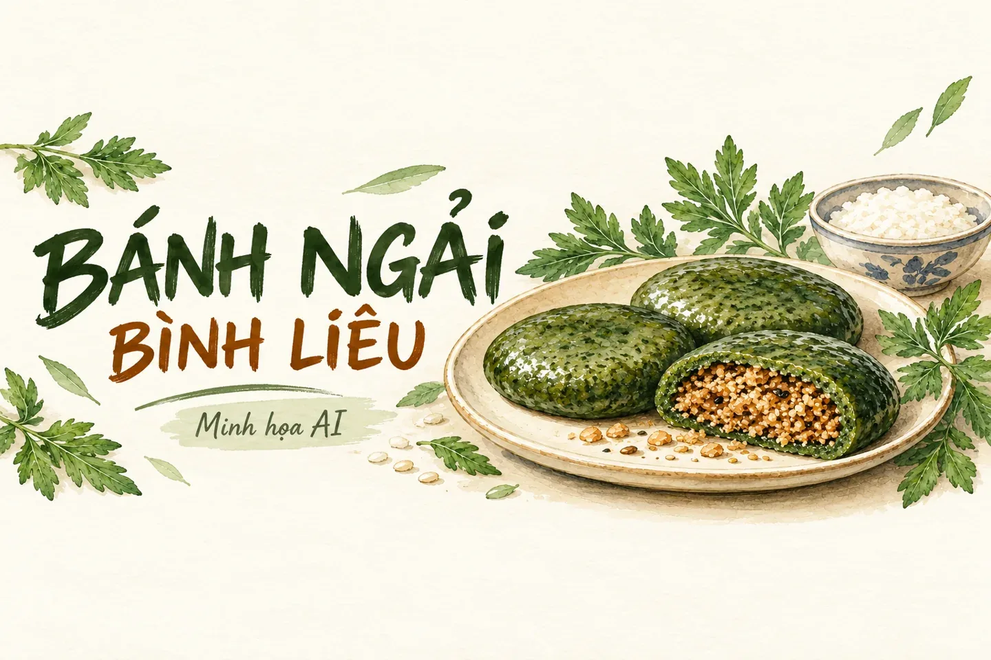 Minh họa AI bánh ngải với vỏ xanh và phần nhân; không phải ảnh sản phẩm thực tế