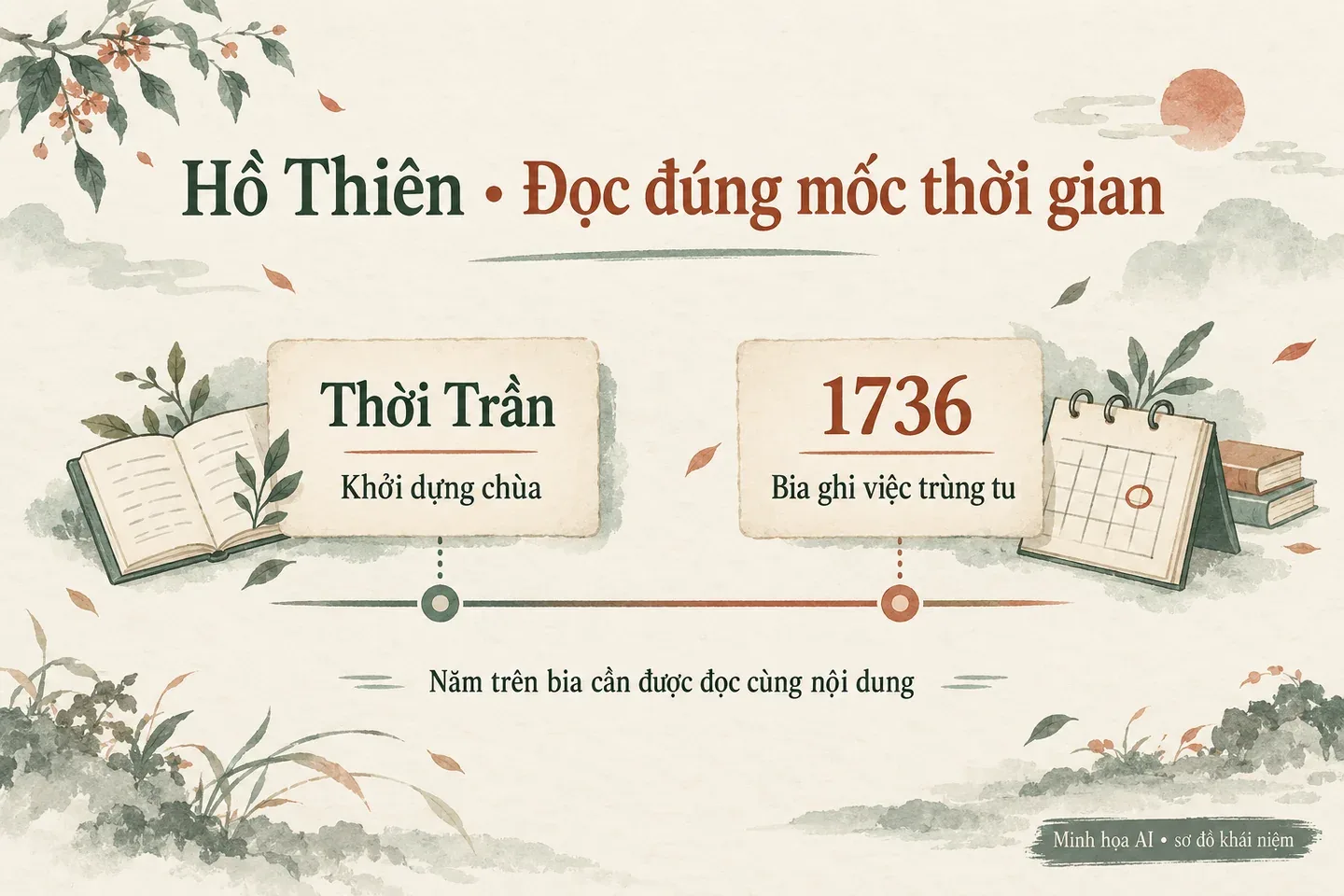 Minh họa AI hai mốc: chùa Hồ Thiên khởi dựng thời Trần, bia1736 ghi trùng tu