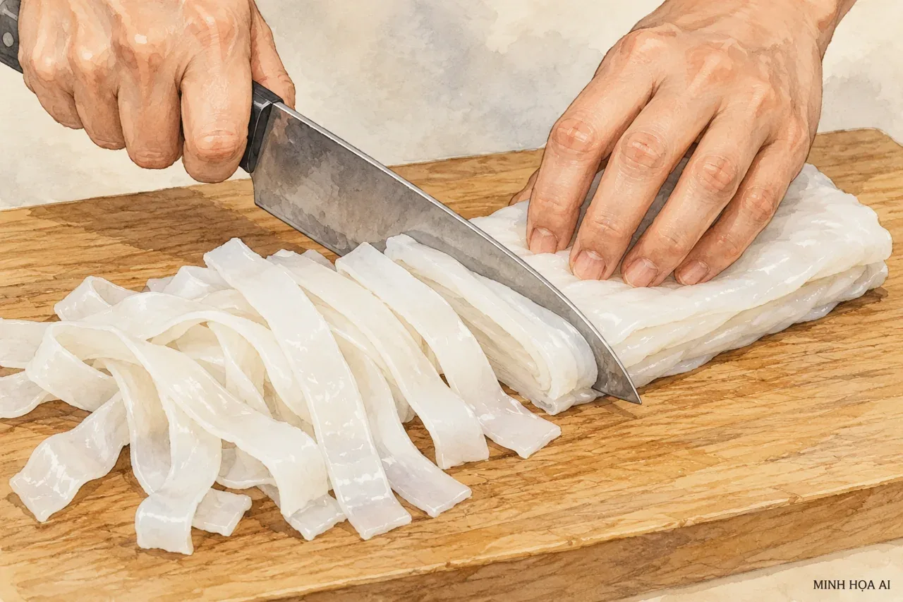 Minh họa AI cắt lá bánh phở đã tráng thành sợi dẹt