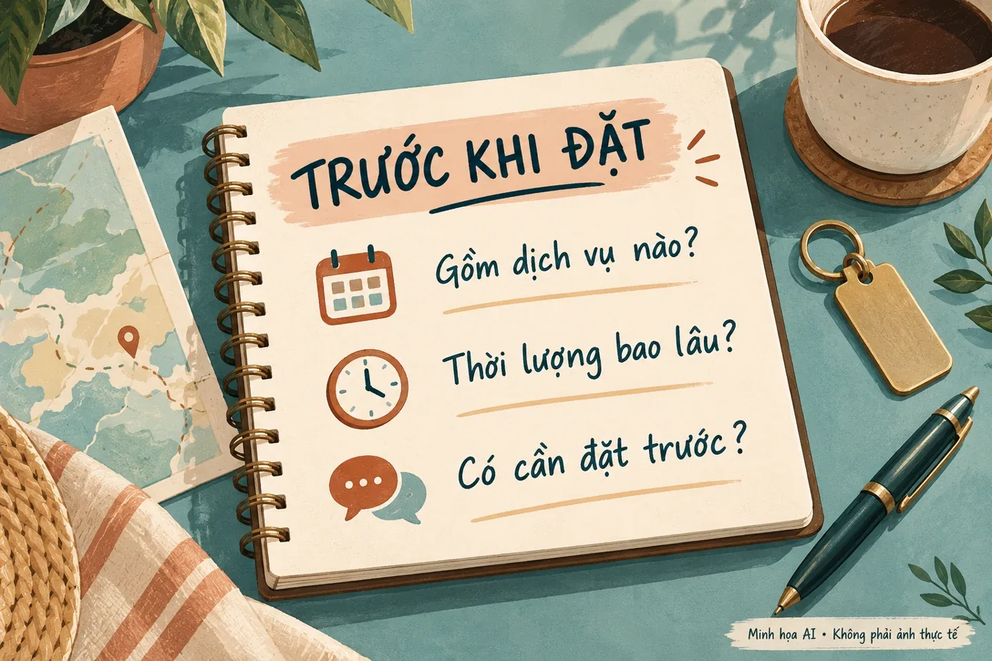 Minh họa AI ba câu hỏi về quyền lợi, thời lượng và đặt hẹn trước chuyến nghỉ Flamingo Cát Bà