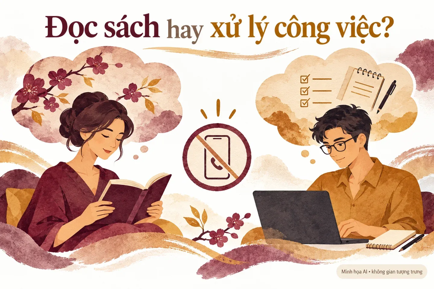 Minh họa AI hai người đọc sách và làm việc, không tái hiện nội thất An Nam Lounge