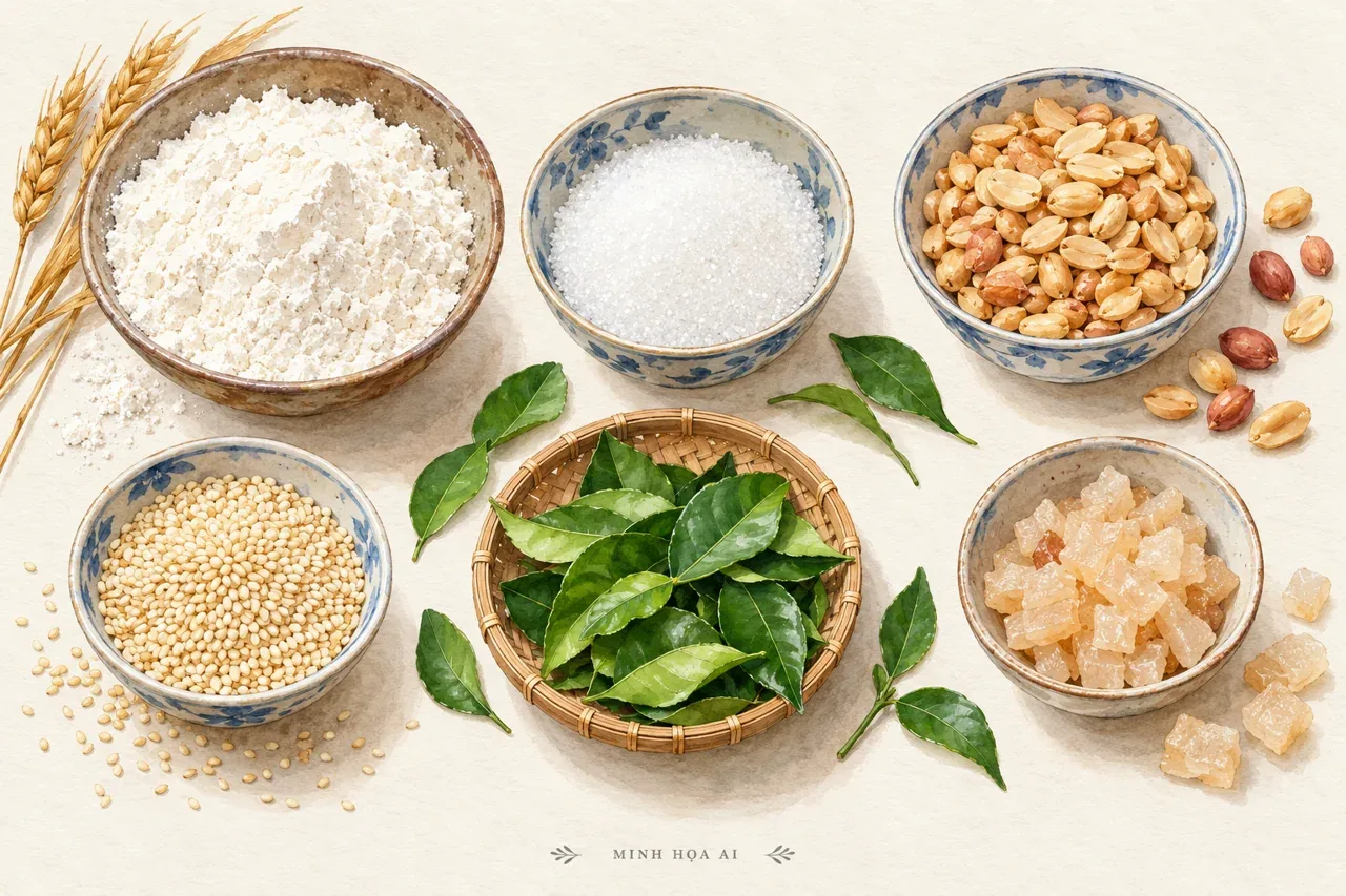 Minh họa AI bột mì, đường, lạc, vừng, lá chanh và mỡ lợn chế biến dùng tìm hiểu nhân bánh chả