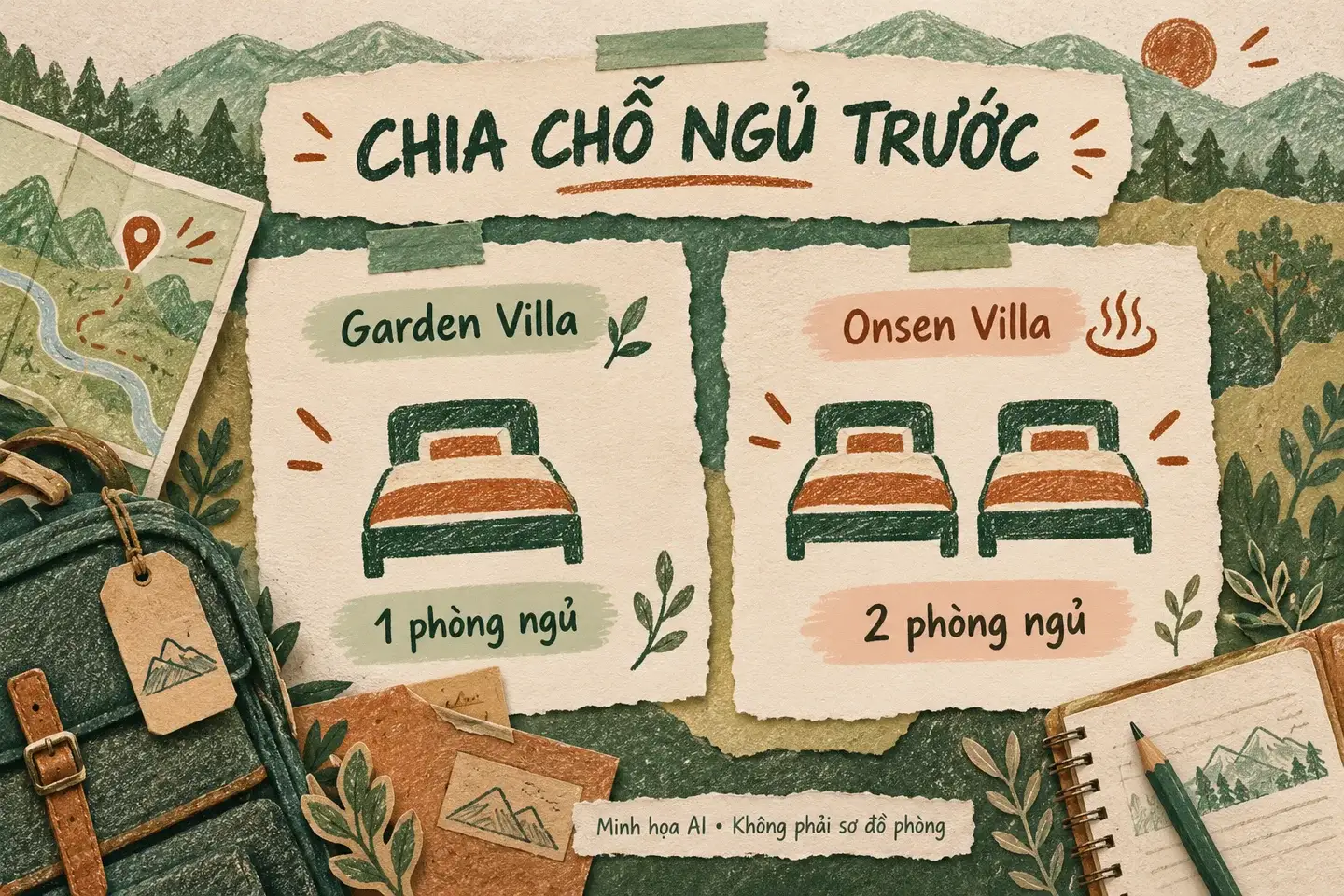 Minh họa AI: Garden Villa một phòng ngủ, Onsen Villa hai phòng ngủ