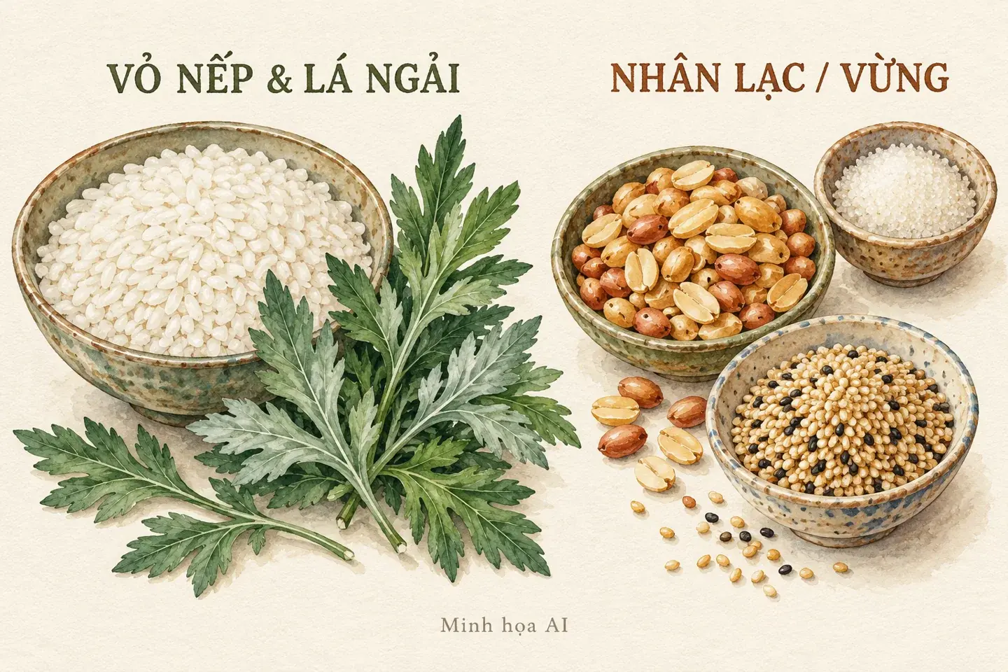 Minh họa AI nếp và lá ngải cho vỏ bánh, lạc và vừng cho nhân