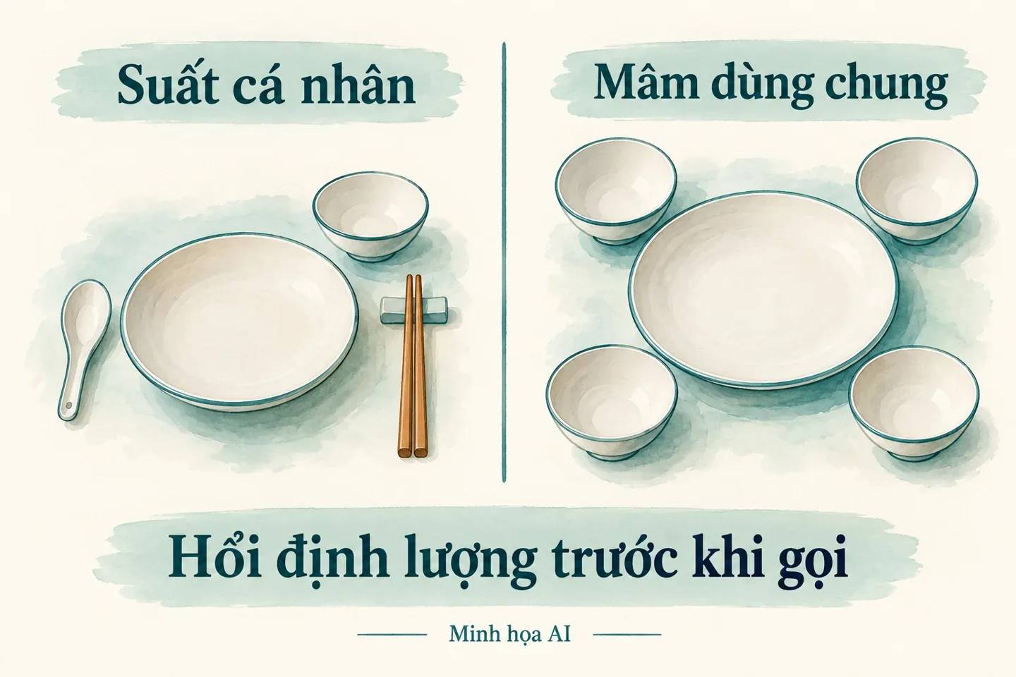Minh họa AI so sánh suất cá nhân và mâm dùng chung bằng bát đĩa trống