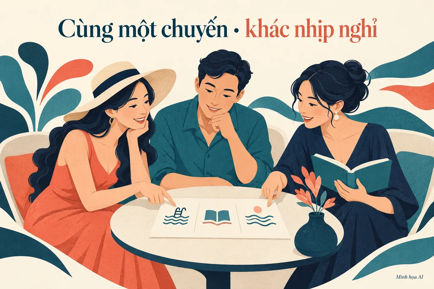 Minh họa AI nhóm bạn chọn hoạt động nước và nghỉ đọc sách theo sở thích