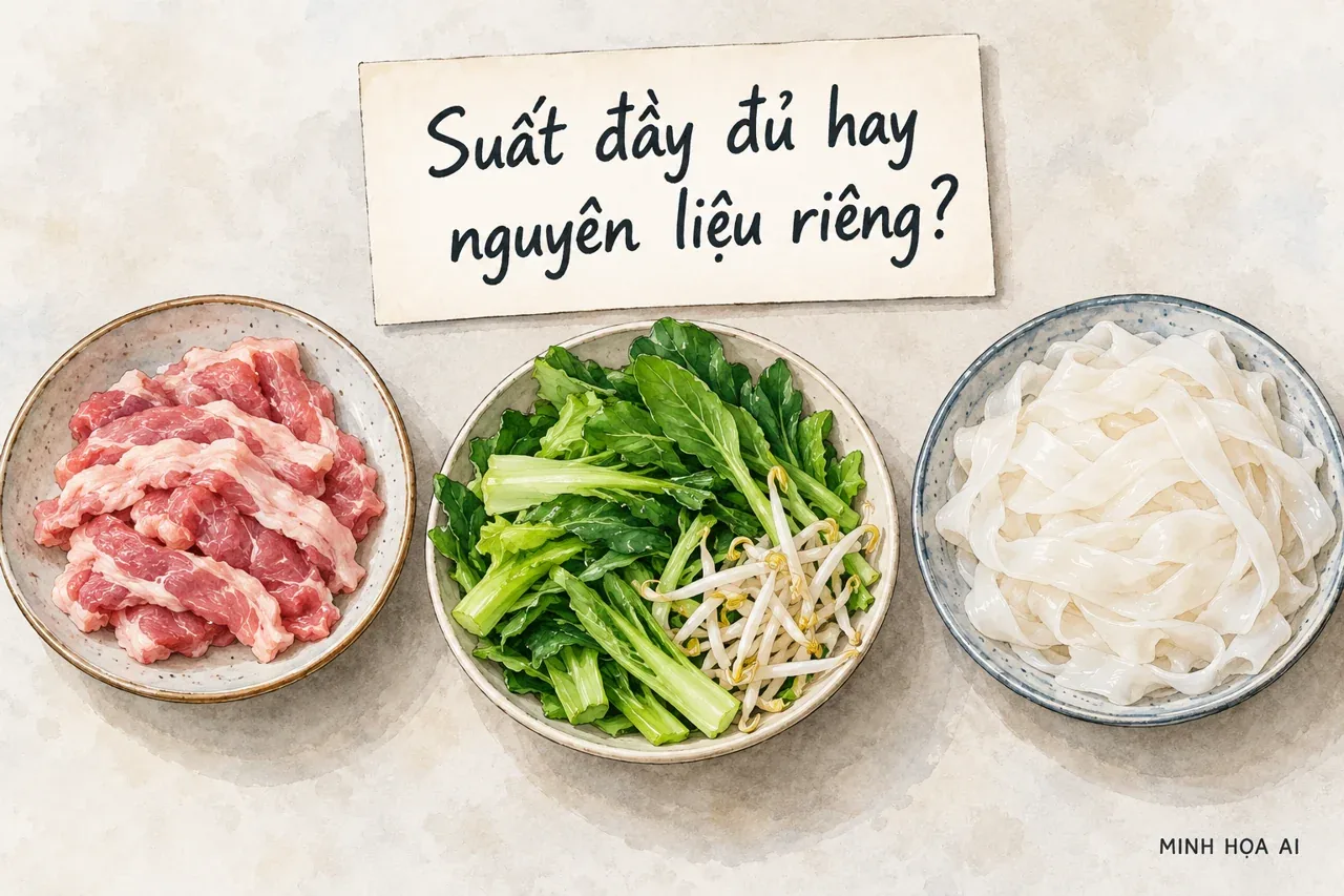 Minh họa AI thịt, rau và bánh phở riêng với câu hỏi về suất ăn