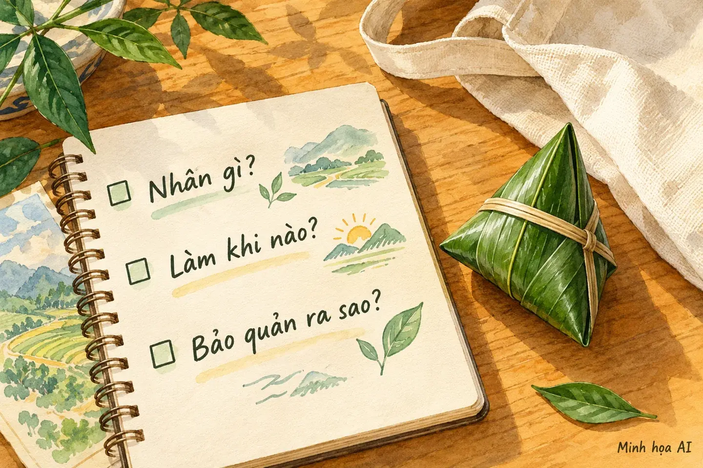 Minh họa AI sổ ba câu hỏi về nhân bánh, thời điểm làm và bảo quản bánh coóc mò