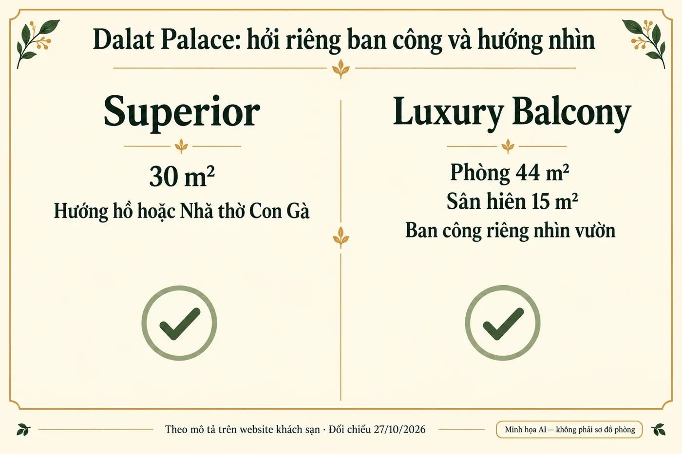 Đồ họa AI so sánh thông tin Superior và Luxury Balcony, không phải ảnh hoặc sơ đồ phòng