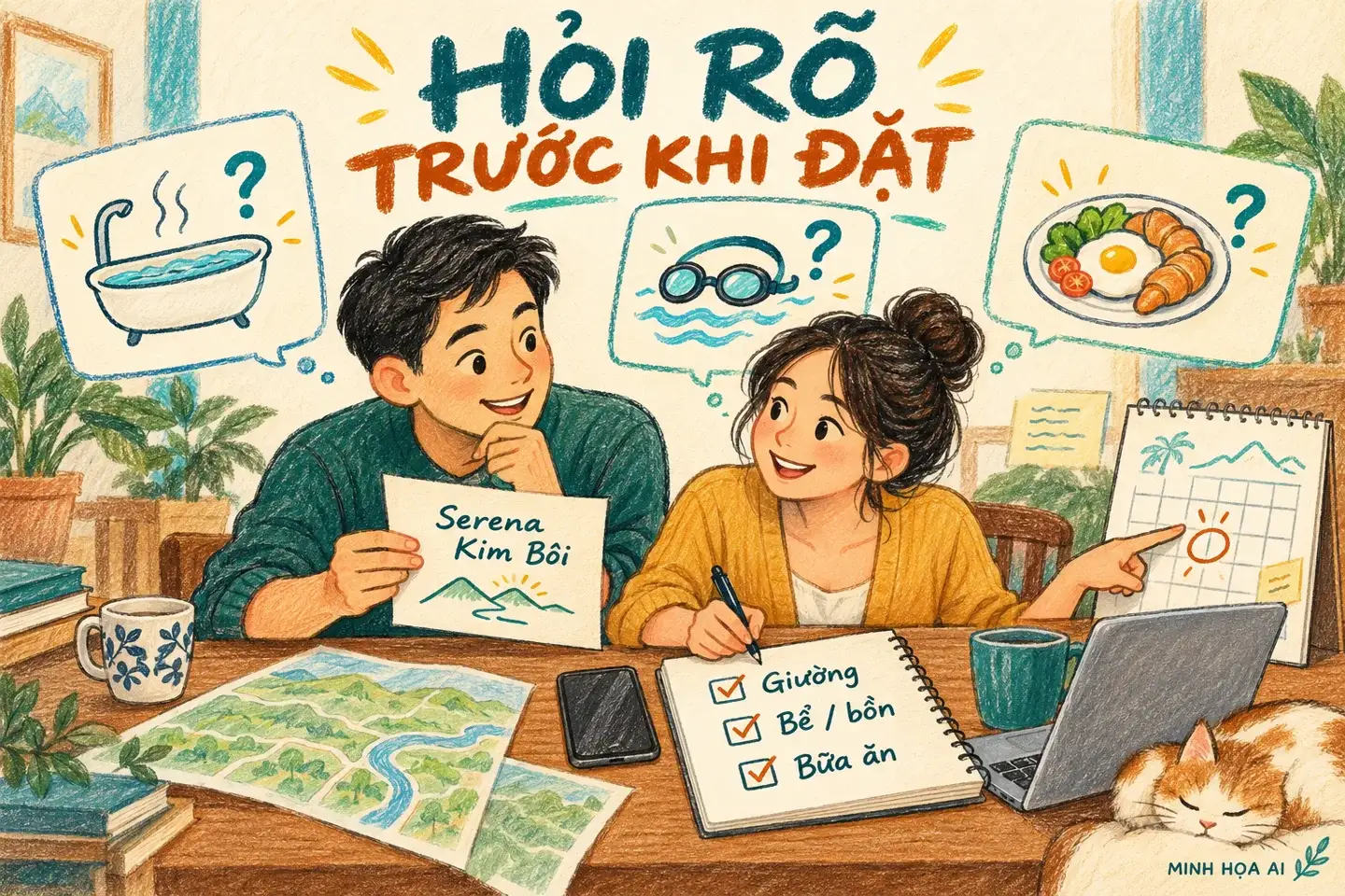 Minh họa AI: gia đình lập câu hỏi về giường, bể hoặc bồn và bữa ăn trước khi đặt