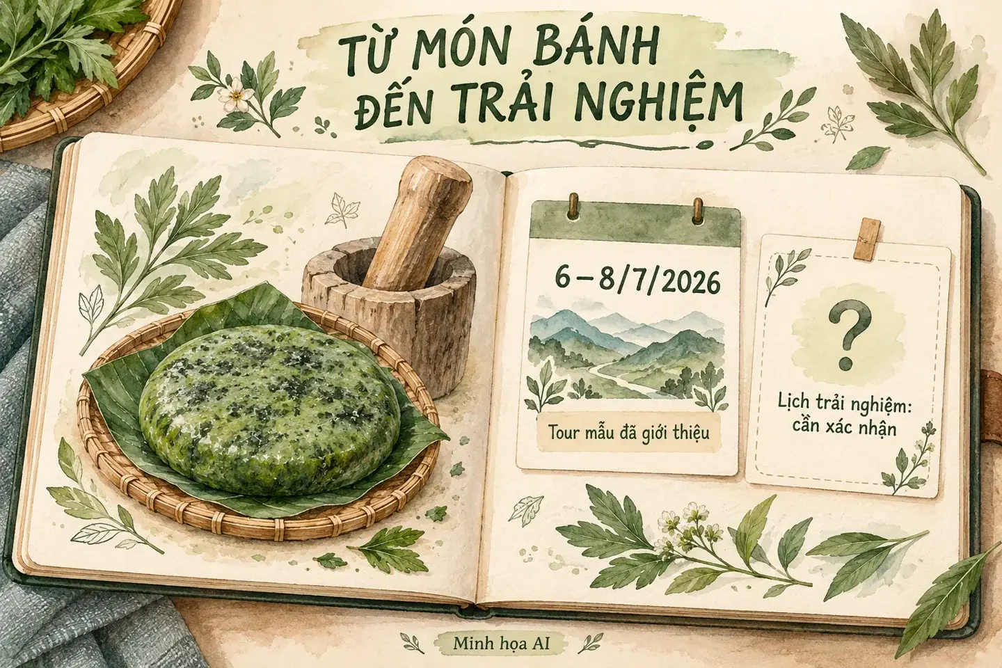 Minh họa AI sổ tay phân biệt tour mẫu tháng 7/2026 với lịch trải nghiệm cần xác nhận
