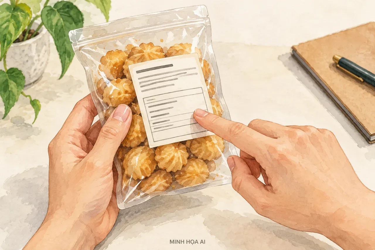 Minh họa AI người mua đọc nhãn thành phần trên gói bánh chả không mang thương hiệu