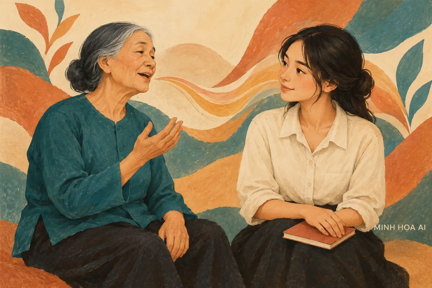 Minh họa AI người lớn tuổi chia sẻ lời hát với người trẻ trong bối cảnh trung tính