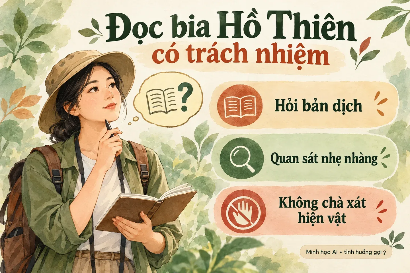 Minh họa AI người tham quan hỏi bản dịch và không chà xát hiện vật khi tìm hiểu bia Hồ Thiên
