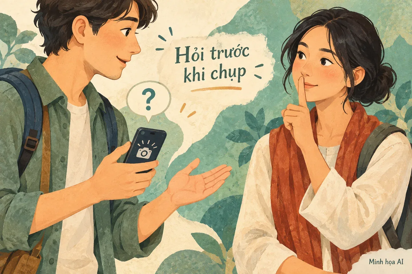 Minh họa AI du khách hỏi trước khi chụp và giữ yên lặng; nhân vật hư cấu