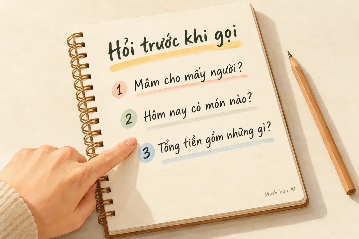 Minh họa AI sổ câu hỏi về số người, món trong ngày và tổng tiền