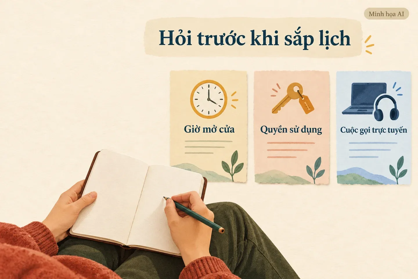Minh họa AI checklist hỏi giờ mở cửa, quyền sử dụng và cuộc gọi trực tuyến trước chuyến nghỉ