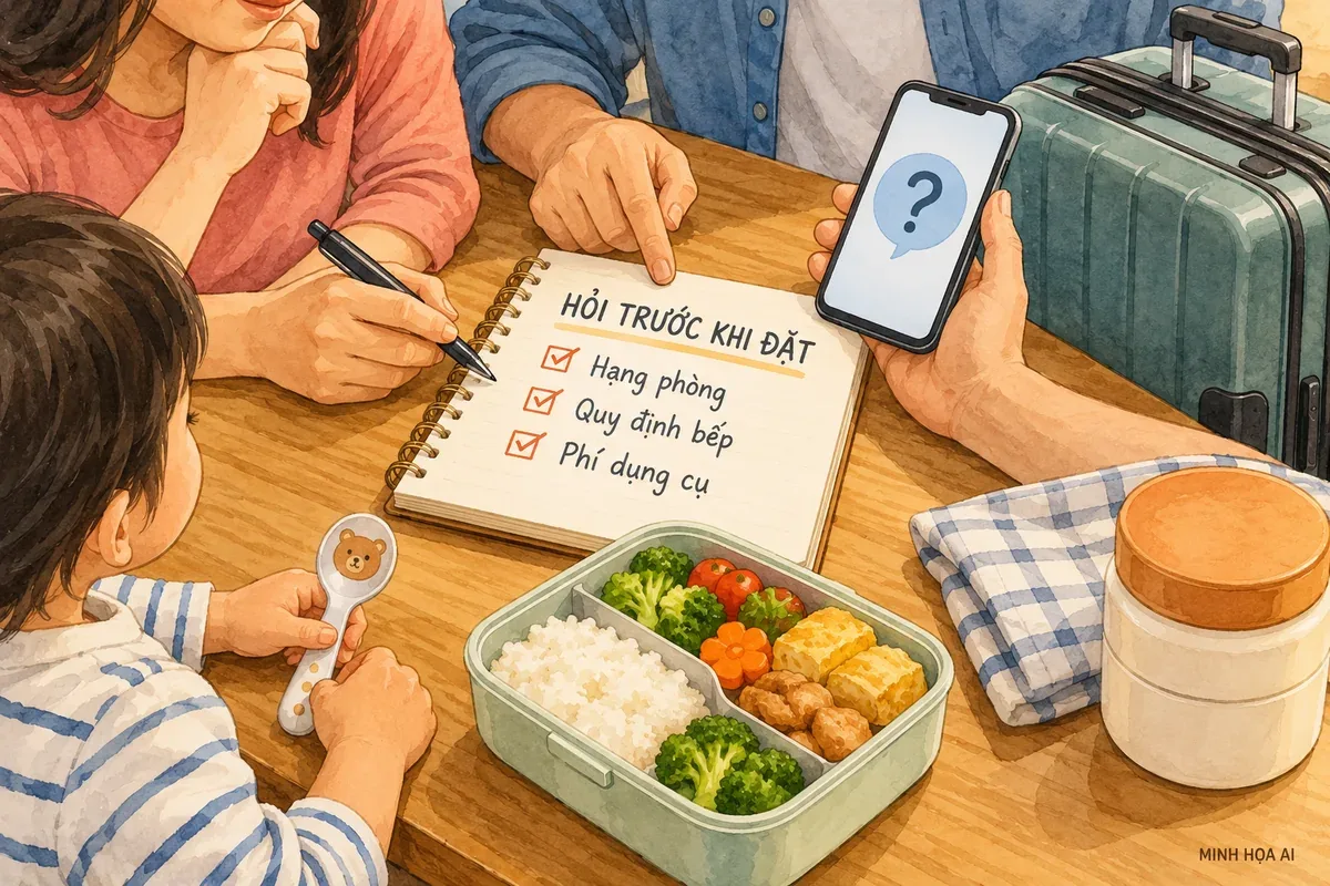 Minh họa AI: gia đình ghi câu hỏi về hạng phòng, quy định bếp và phí dụng cụ