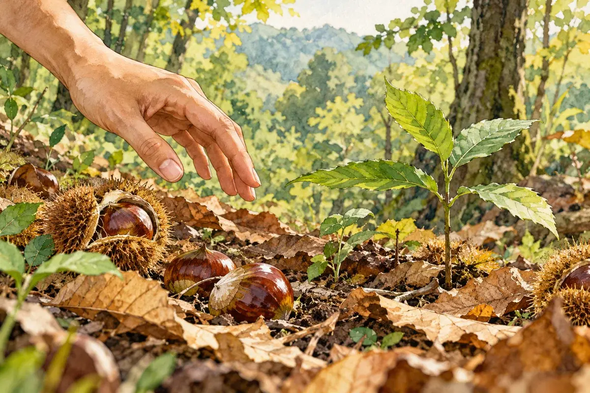 Minh họa AI hạt trên nền lá và cây non tái sinh