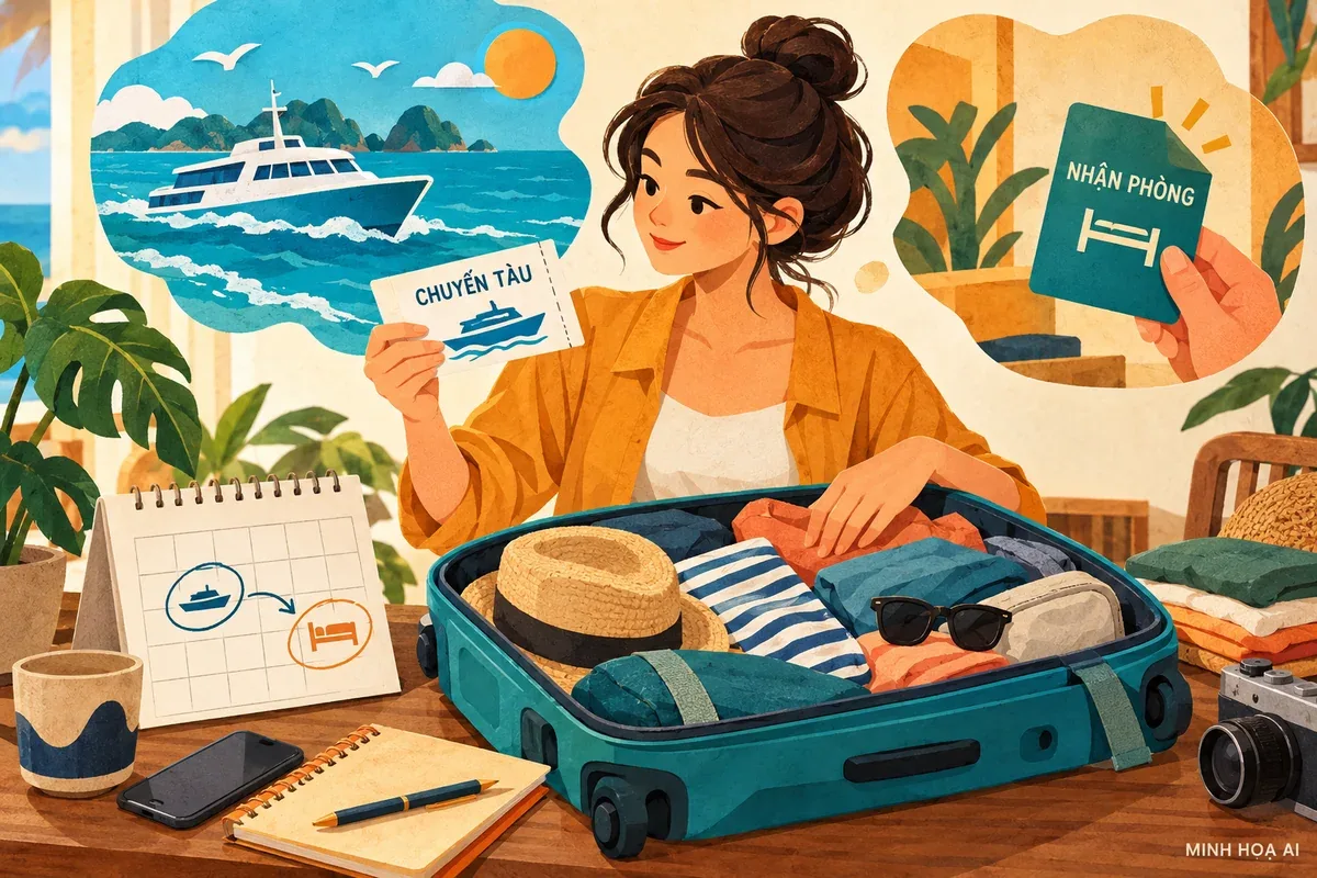 Minh họa AI đồ dùng chuẩn bị hành trình Angsana Quan Lạn, không phải ảnh resort hay tàu thực tế
