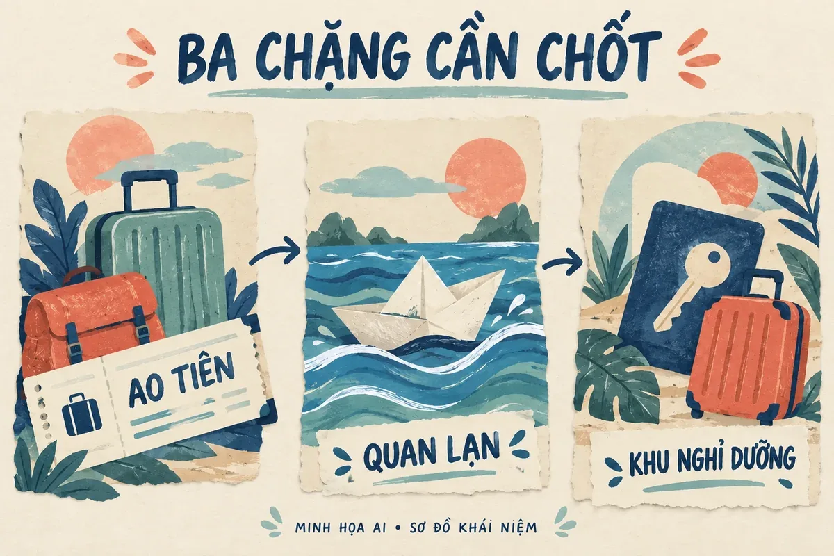Minh họa AI các chặng Ao Tiên, Quan Lạn và resort, không phải bản đồ địa lý hay lịch tàu
