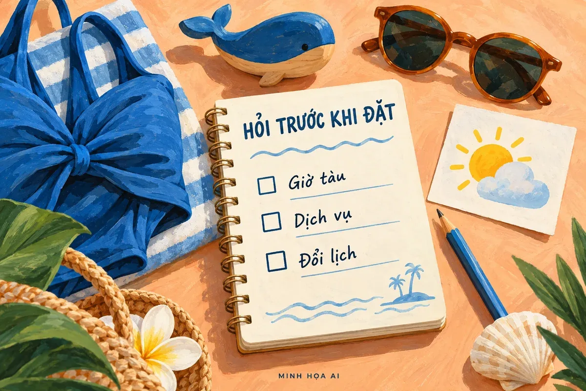 Minh họa AI ghi chú cần xác nhận về vận chuyển và tiện ích trước khi đặt resort