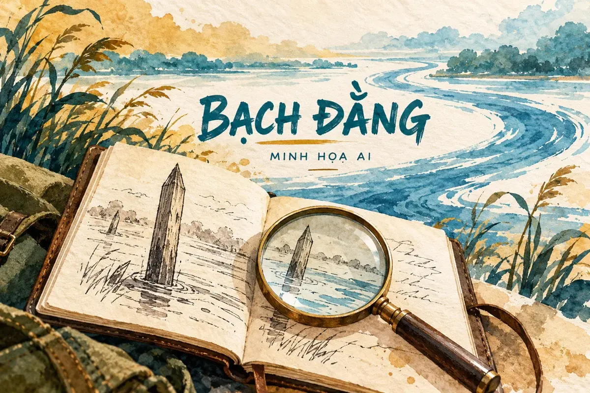 Minh họa AI về tìm hiểu bãi cọc Bạch Đằng qua sổ tay và dòng sông khái niệm, không phải hiện trạng di tích