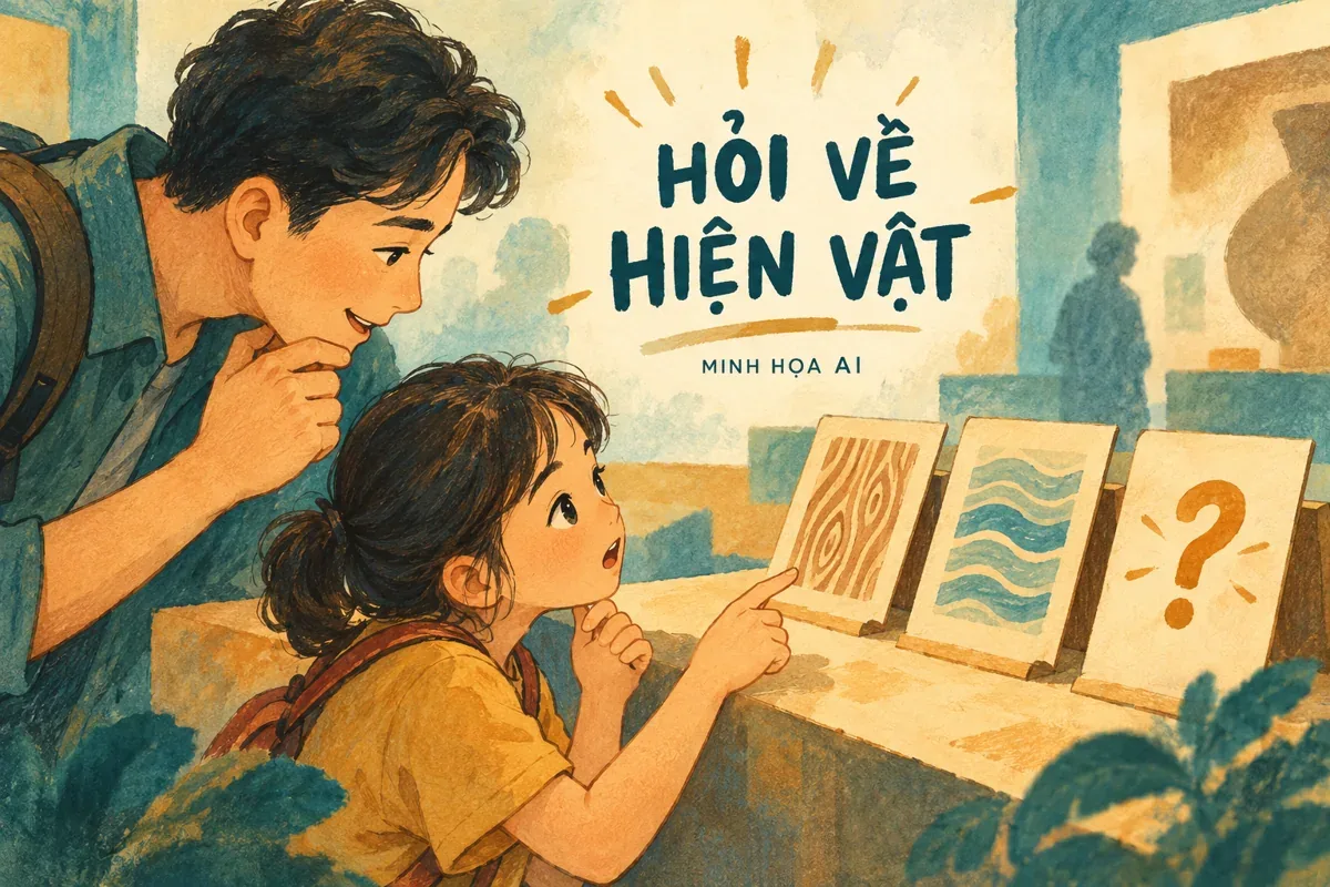 Minh họa AI: cha và con đặt câu hỏi về hiện vật; không phải không gian trưng bày thực tế