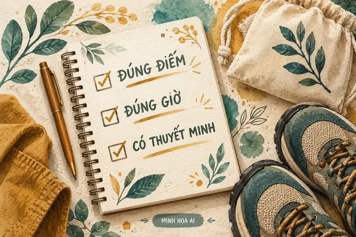 Minh họa AI: sổ kiểm tra điểm đến, giờ và thuyết minh trước chuyến đi