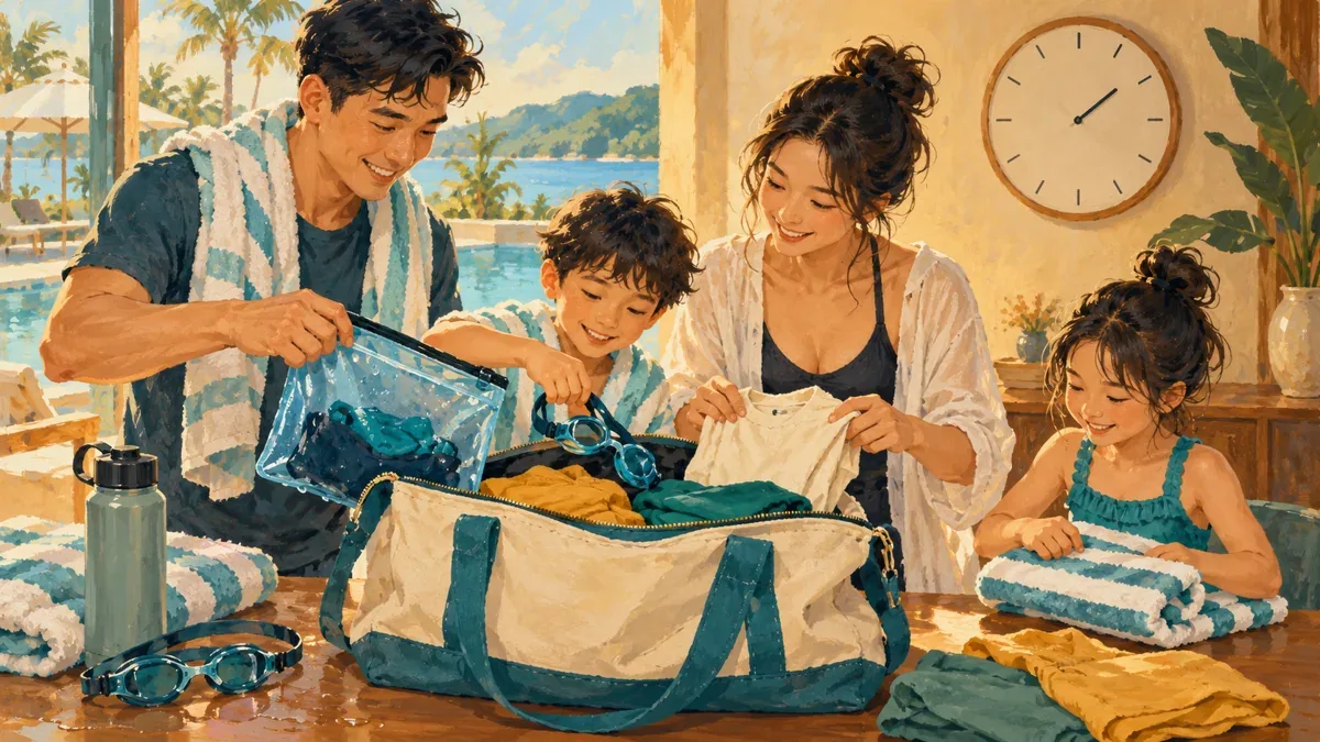 Minh họa AI: gia đình cất đồ bơi ướt và chuẩn bị quần áo khô