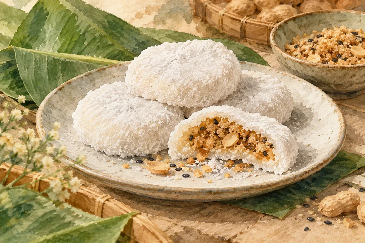 Minh họa bánh bạc đầu với lớp bột trắng và phần nhân lạc, vừng