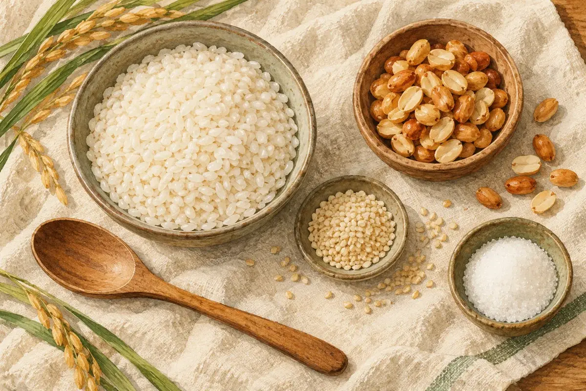 Minh họa gạo nếp, lạc, vừng và đường dùng để tìm hiểu bánh bạc đầu