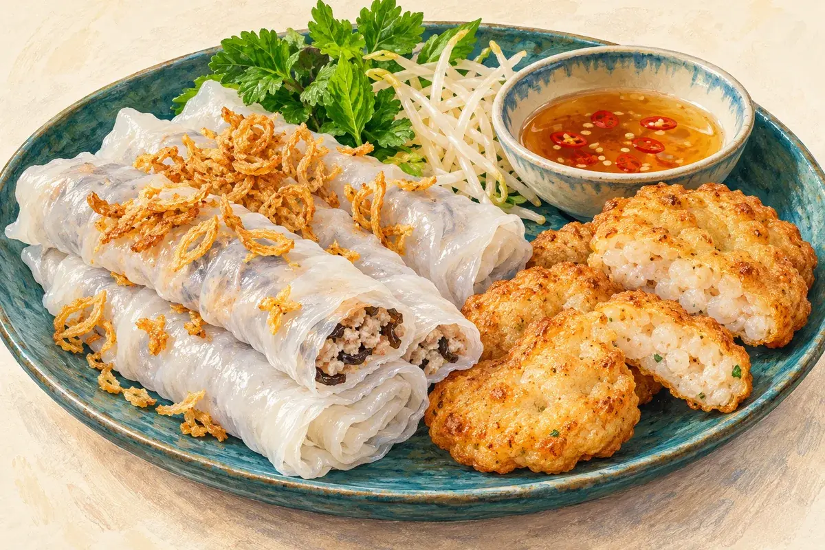 Minh họa AI đĩa bánh cuốn, chả mực và nước chấm; không phải suất ăn tại quán cụ thể