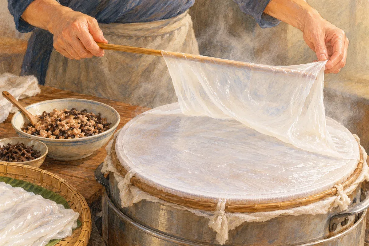 Minh họa AI thao tác nhấc lớp bánh cuốn khỏi mặt vải tráng