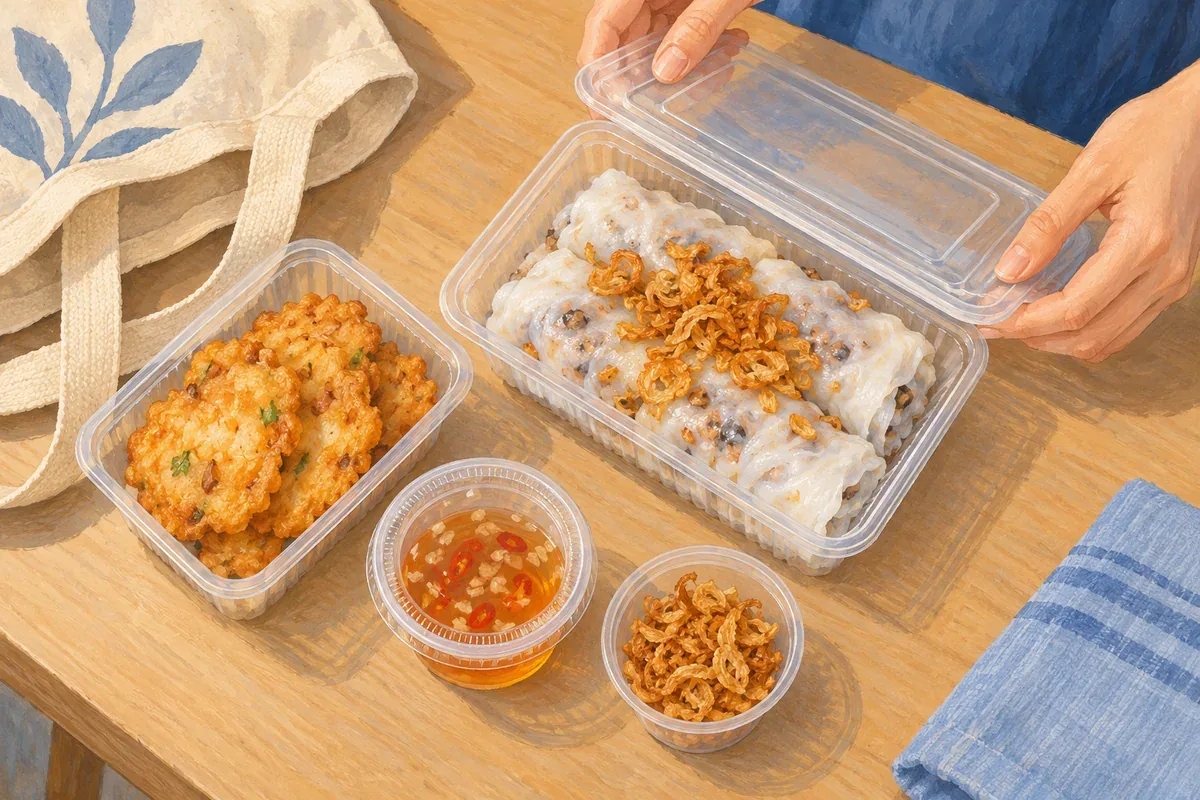 Minh họa AI bánh cuốn, chả mực và nước chấm đóng hộp riêng