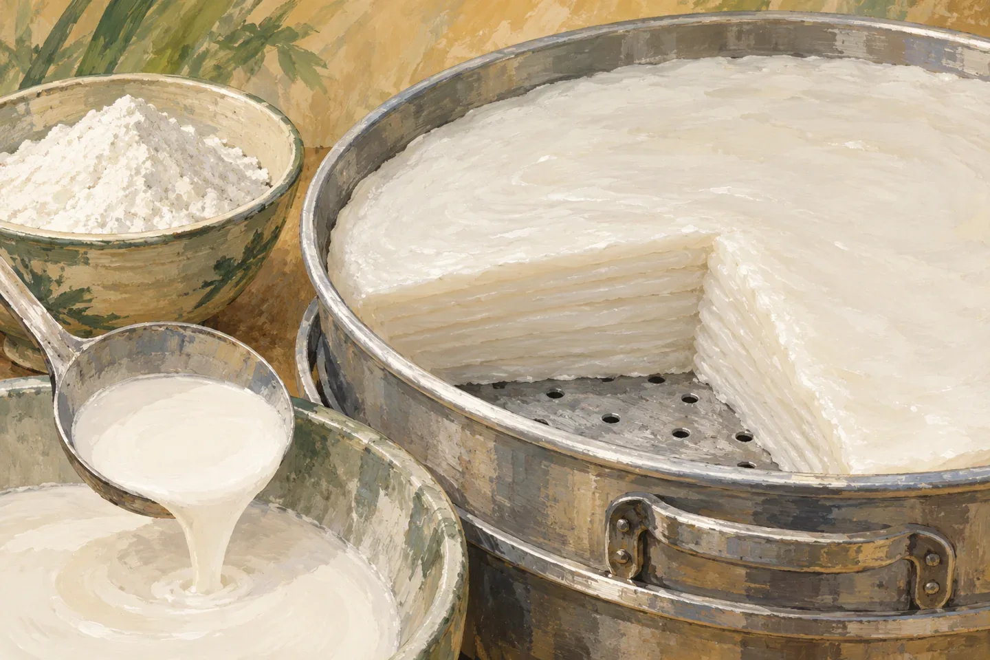 Minh họa AI khay bánh gạo trắng với mặt cắt nhiều lớp