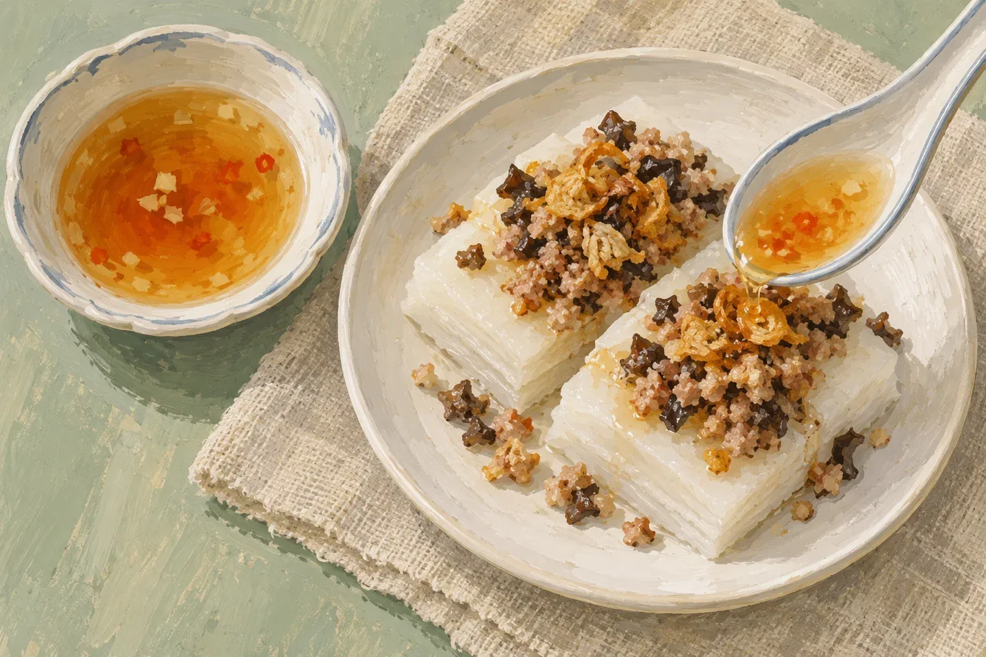 Minh họa AI thêm từng ít nước chấm vào bánh đúc