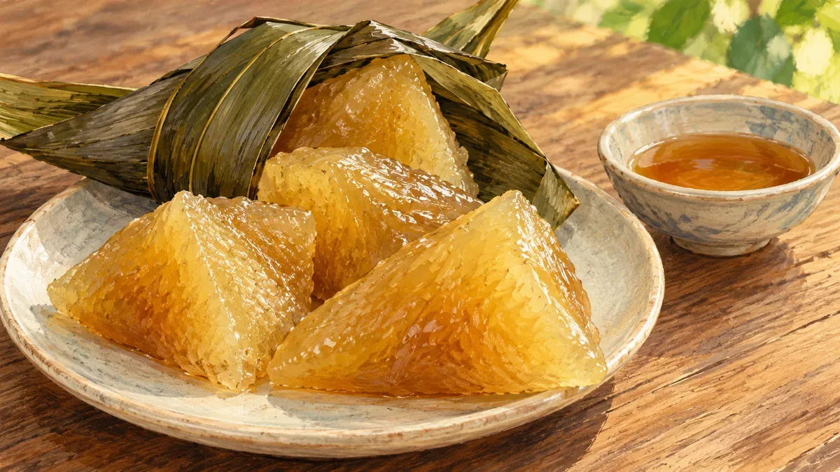 Minh họa AI bánh gio sắc mật và lá gói; không phải ảnh sản phẩm của cơ sở cụ thể