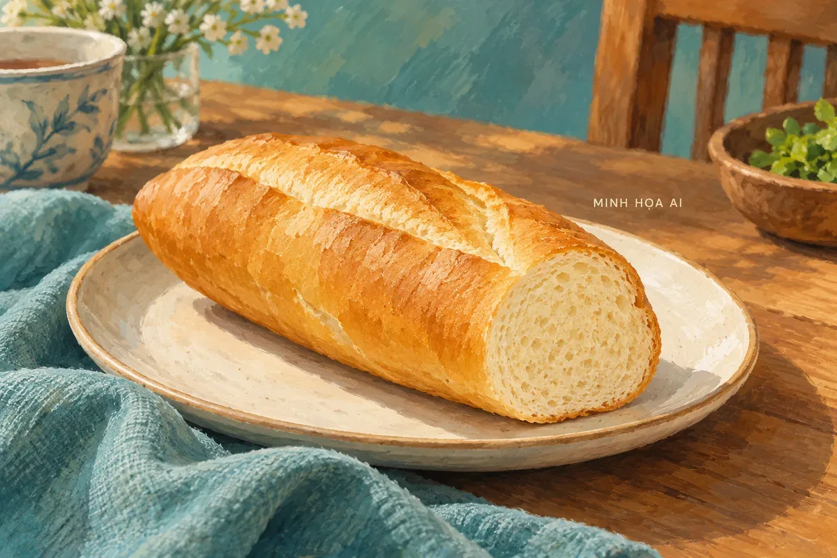 Minh họa AI ổ bánh mì và lát cắt ruột bánh, không phải sản phẩm của cơ sở cụ thể