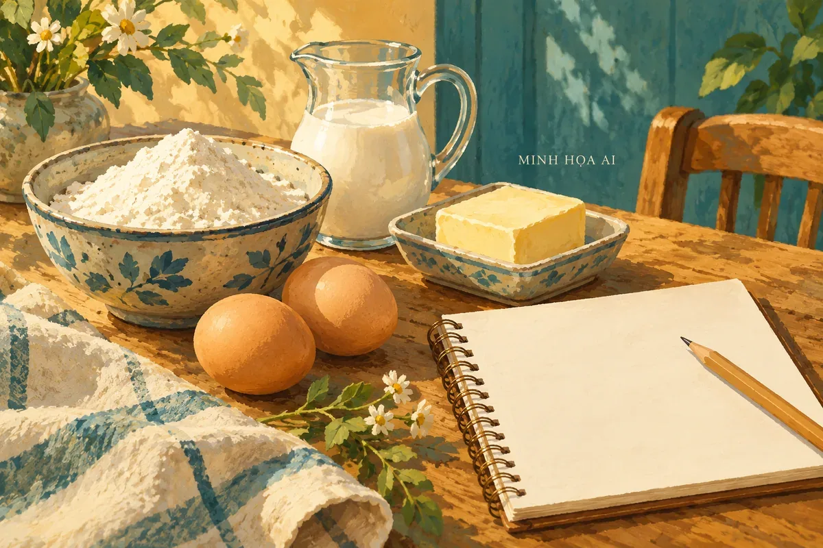 Minh họa AI bột, trứng, sữa và bơ; thành phần thực tế tùy cơ sở
