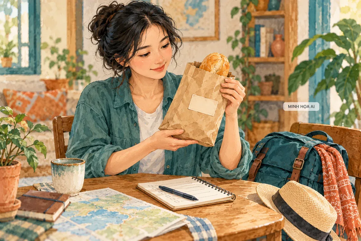 Minh họa AI du khách xem túi bánh trước chuyến đi, không phải khách hay cửa hàng thực tế