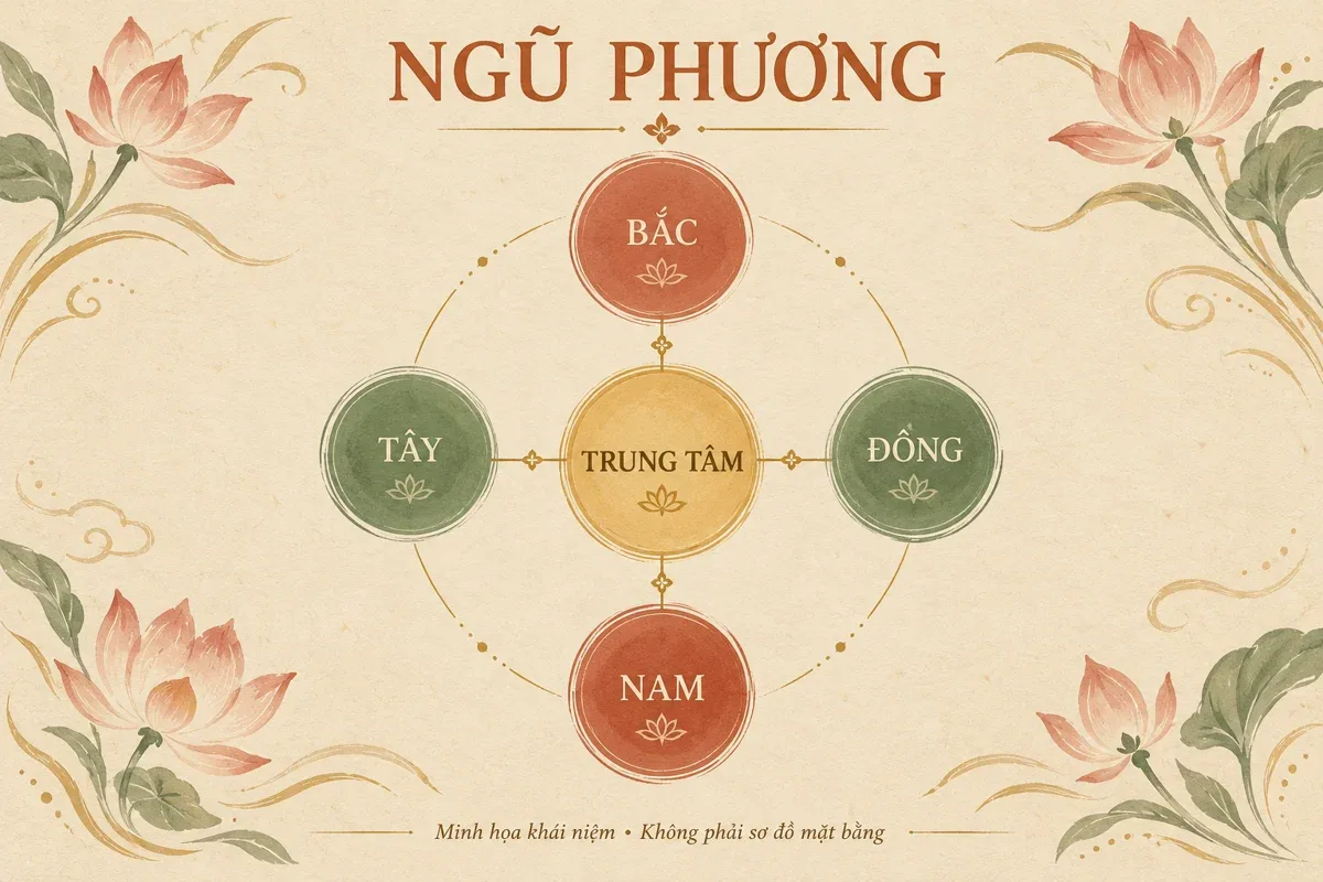 Minh họa AI khái niệm năm phương, không phải sơ đồ mặt bằng Bảo Hải Linh Thông Tự