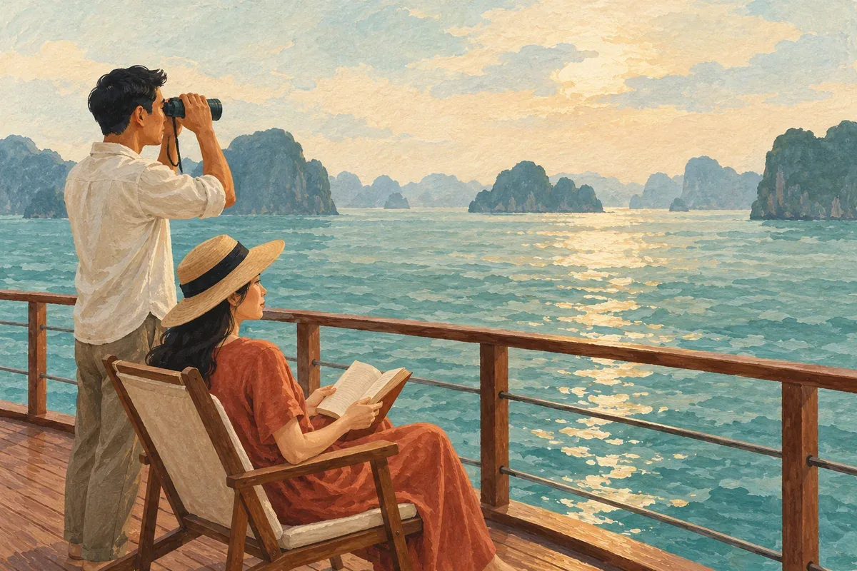 Tranh minh họa AI về nghỉ ngơi trên boong tàu, không phải ảnh du thuyền Bhaya thực tế.