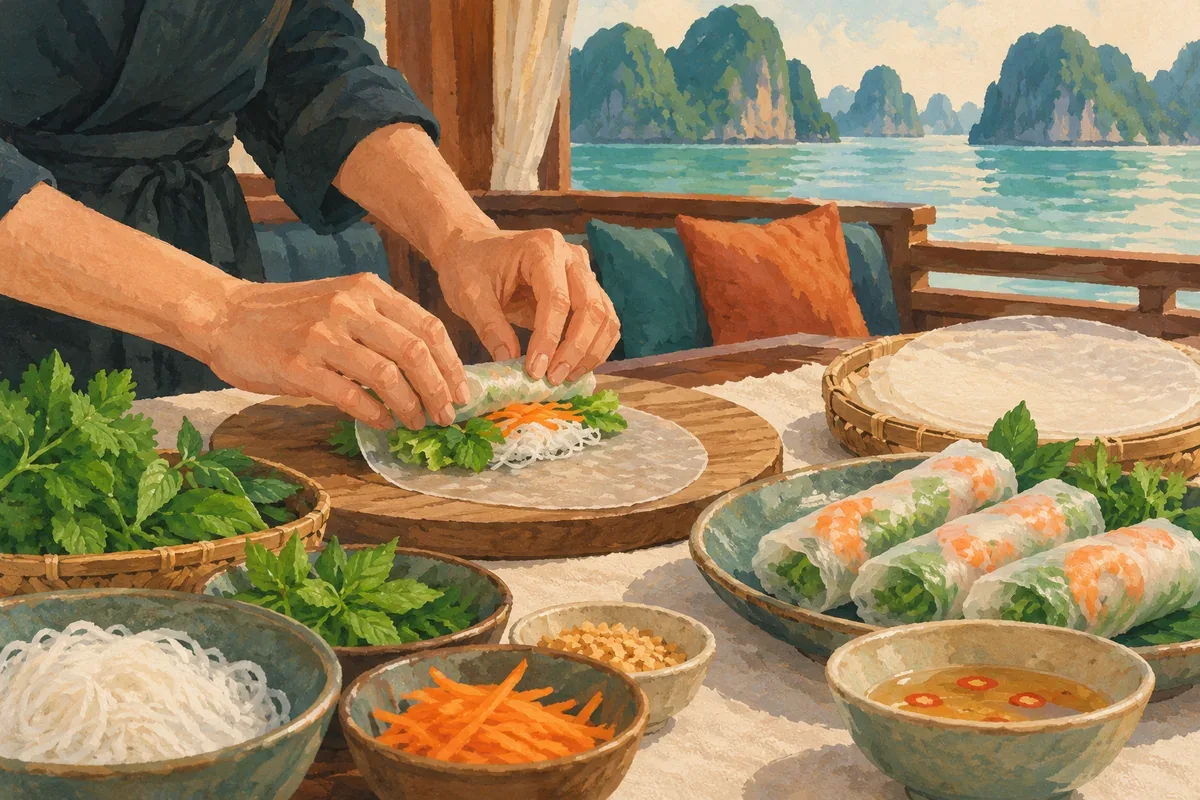 Tranh minh họa AI đôi tay cuốn món Việt, không phải ảnh lớp học thực tế.