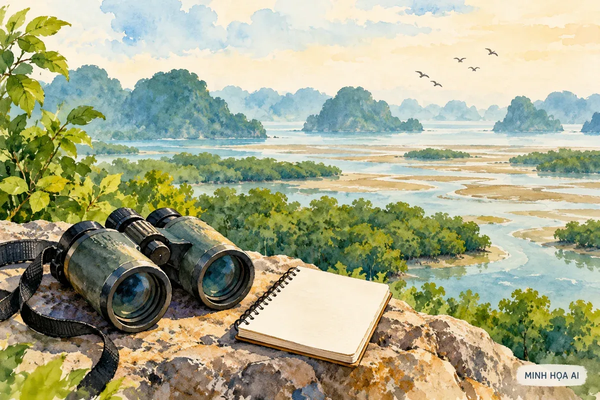 Minh họa AI: ống nhòm và sổ quan sát chim, cảnh nền khái niệm không phải ảnh Bái Tử Long thực tế