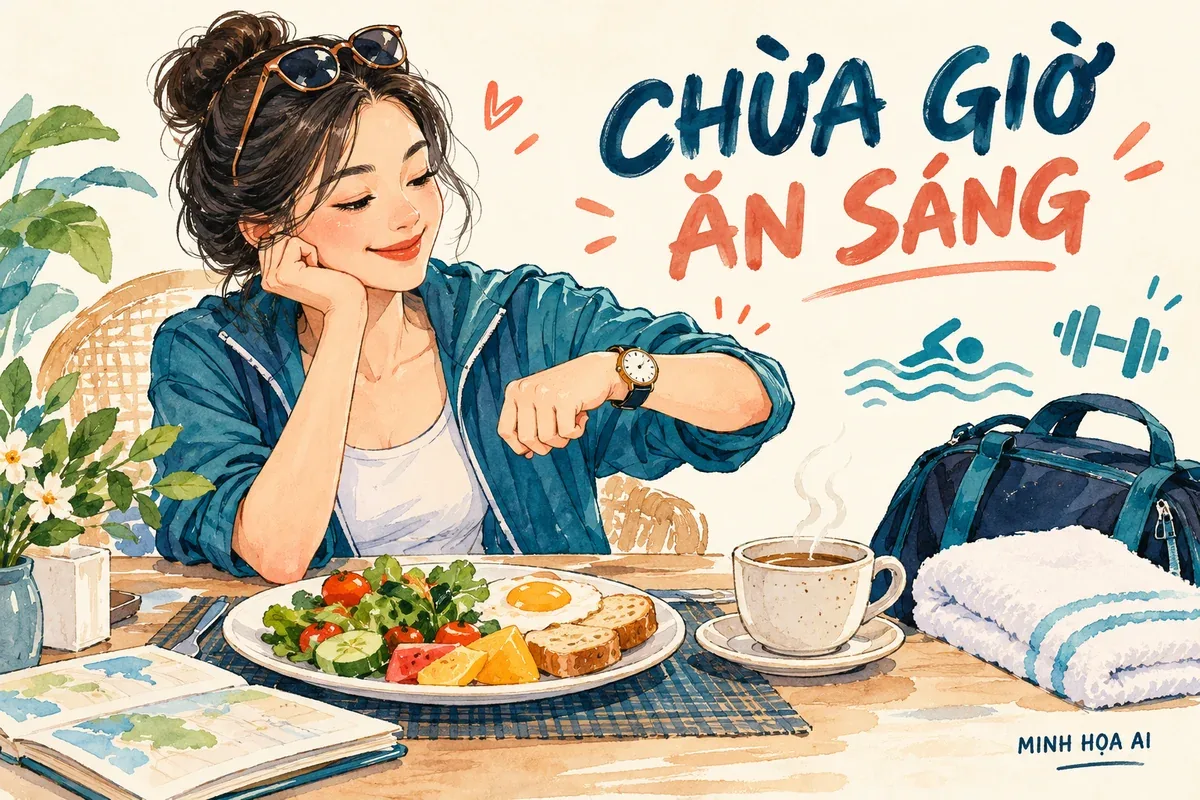 Minh họa AI du khách xem đồng hồ để chừa thời gian thay đồ và ăn sáng